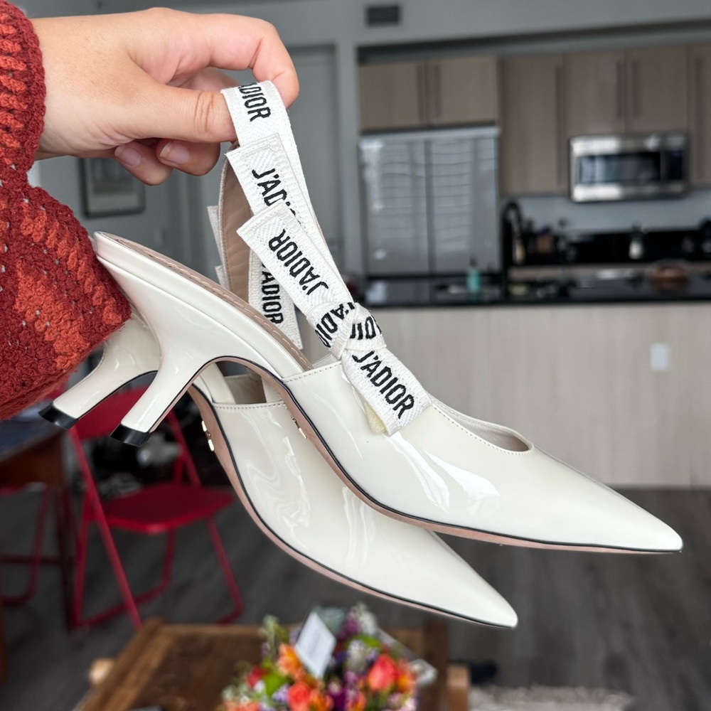 Dior White Patent Slingback Kitten Heel Pumps with J'ADIOR Strap